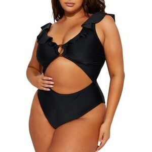 PrettyLittleThing NWT 33B Plus Black Frill Edge Ring One piece Swimsuit  Size 18